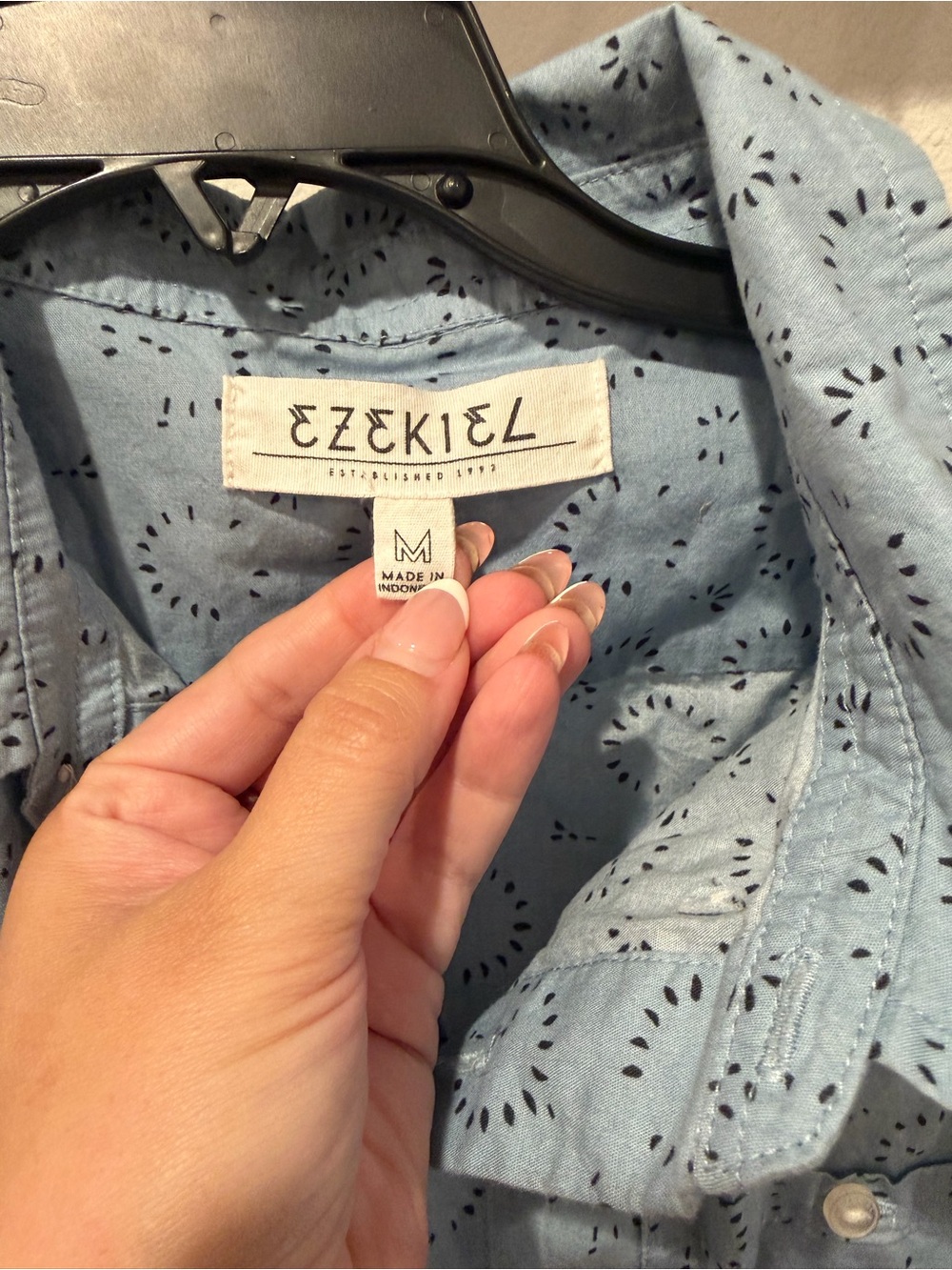 Ezekiel Light Blue Button-Up Shirt with Black Dot Pattern